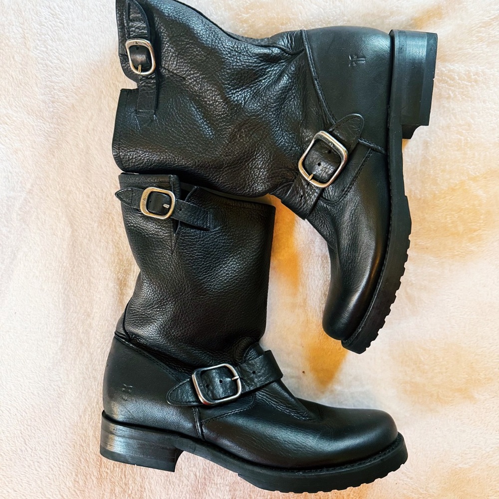 Black Buckle Moto Boots - Women's Leather Engineer Style